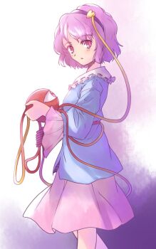 1girl black_hairband blue_shirt blush commentary_request feet_out_of_frame frilled_shirt_collar frills from_side hair_ornament hairband heart heart_hair_ornament komeiji_satori long_sleeves looking_to_the_side one-hour_drawing_challenge parted_lips pink_hair pink_skirt purple_background rangycrow red_eyes shirt short_hair sideways_glance skirt solo third_eye touhou