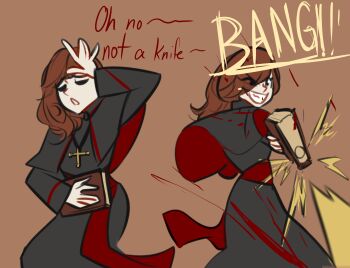 1girl bible_(object) black_robe book brown_hair centurii-chan concealed_weapon cross cross_necklace english_text evil_smile eyes_visible_through_hair firing hair_over_one_eye highres holding holding_book jewelry necklace original robe smile sound_effects weapon