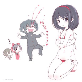 1boy 3girls aroused aroused_nosebleed bikini black_hair blood blush breasts cat_girl closed_eyes gegege_no_kitarou hair_ribbon hanako-san_(gegege_no_kitarou) inuyama_mana micro_bikini mudou_eichi multiple_girls navel necktie nekomusume nekomusume_(gegege_no_kitarou_6) nosebleed red_bikini red_ribbon ribbon seiza short_hair sitting small_breasts swimsuit yousuke-kun_(gegege_no_kitarou)