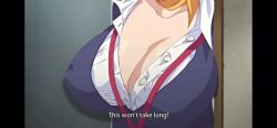 1boy 1girl animated anime_screenshot blush breasts breasts_squeezed_together cleavage door doorway huge_breasts inconvenient_breasts kiss_hug ova_(manga) sound struggling stuck video