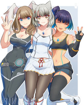 3girls animal_ears bare_shoulders blue_hair boots breasts brown_hair cat_ears closed_eyes dark-skinned_female dark_skin elbow_gloves eunie_(xenoblade) gloves highres large_breasts medium_breasts mio_(xenoblade) multiple_girls pants sena_(xenoblade) short_hair shorts skirt sleeveless small_breasts thighhighs v white_hair xenoblade_chronicles_(series) xenoblade_chronicles_3 yaizaberry