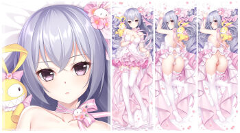 1girl anus arm_strap ass ass_cutout backless_outfit bag bare_arms bed_sheet breasts bronya_zaychik butt_crack cameltoe character_request choker closed_mouth clothing_cutout collarbone dakimakura_(medium) flower from_above grey_eyes grey_hair hair_between_eyes hair_flower hair_ornament heart_cutout highres layered_skirt long_hair looking_at_viewer lying miniskirt nipples on_back on_stomach panties pink_flower pink_ribbon pink_skirt pussy ribbon ribbon_choker shoulder_blades skirt skirt_hold small_breasts solo split_screen strapless summer-d_(dodojune) thighhighs underwear very_long_hair white_panties white_thighhighs zettai_ryouiki