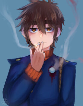 1boy animification bags_under_eyes blood blue_background blue_coat brown_eyes brown_hair cigarette coat commentary eddsworld english_commentary expressionless gunshot_wound holding holding_cigarette jitome long_sleeves looking_at_viewer male_focus molechan paul_(eddsworld) red_sweater short_hair signature simple_background smoke smoking solo sweater thick_eyebrows turtleneck turtleneck_sweater upper_body