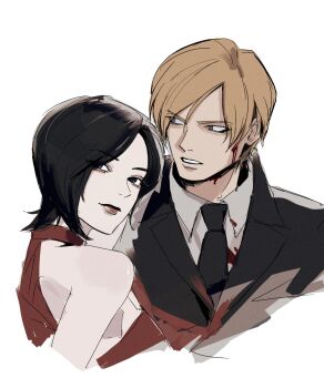 1boy 1girl ada_wong bare_shoulders black_eyes black_hair black_jacket black_necktie blonde_hair blood blood_on_clothes blood_on_face breasts collared_shirt dress grey_eyes hair_between_eyes highres jacket leon_s._kennedy looking_at_viewer looking_to_the_side me_ju2 medium_breasts necktie parted_bangs red_dress red_lips resident_evil shirt short_hair sketch suit_jacket upper_body white_background white_shirt
