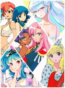6+girls aqua_hair armlet blonde_hair blue_eyes blue_hair blunt_bangs commentary_request dark-skinned_female dark_skin dirty_pair epaulettes green_eyes guitar head_rest high_collar highres himemiya_anthy instrument jewelry kei_(dirty_pair) long_hair looking_at_viewer lum multiple_girls nishimura_eri oozora_hibari oyuki_(urusei_yatsura) pink_hair short_hair short_sleeves shoujo_kakumei_utena stop!!_hibari-kun! tenjou_utena upper_body urusei_yatsura white_hair yuri_(dirty_pair)