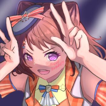 1girl bang_dream! blue_hat blush body_writing brown_hair commentary cone_hair_bun detached_sleeves double_w hair_bun hair_ornament happy_birthday hat highres looking_at_viewer medium_hair open_mouth purple_eyes solo star_(symbol) star_hair_ornament sunnysalt_08 teeth toyama_kasumi upper_teeth_only w