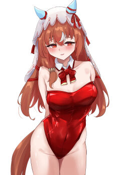 1girl absurdres alternate_costume animal_ears bare_shoulders blush bow bowtie breasts brown_hair cleavage collarbone commentary_request detached_collar ear_covers ear_ribbon gryebooks hair_between_eyes hair_ornament highres horse_ears horse_girl horse_tail leotard long_hair looking_at_viewer medium_breasts navel parted_lips playboy_bunny red_bow red_bowtie red_eyes red_leotard simple_background smile solo still_in_love_(umamusume) tail umamusume veil white_background white_streaks white_veil