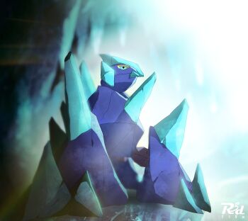 alternate_color blue_eyes blurry blurry_background commentary gen_5_pokemon gigalith highres nintendo no_humans pokemon pokemon_(creature) pokemon_focus r3dfive shiny_pokemon signature solo spikes