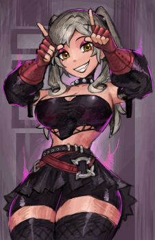 1girl alternate_costume armpits arms_up belt bike_shorts bike_shorts_under_skirt black_lips black_shorts black_skirt black_thighhighs black_tube_top breasts brown_gloves cleavage collar commentary contemporary crop_top detached_sleeves english_commentary eyeshadow fang female_robin_(fire_emblem) fingerless_gloves fire_emblem fire_emblem_awakening gloves goth_fashion grey_hair highres horns_pose l_hand large_breasts long_hair looking_at_viewer makeup miniskirt multiple_belts narrow_waist nintendo pleated_skirt purple_eyeshadow saiykik short_shorts shorts shorts_under_skirt skirt solo spiked_collar spikes stomach strapless thick_thighs thighhighs thighs tube_top twintails yellow_eyes