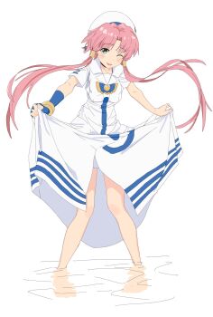 Rule 34 | 1girl, 4uys, ;d, aria (manga), blue gloves, blush stickers, bracelet, collarbone, collared dress, commentary request, dress, elbow gloves, fingerless gloves, full body, gloves, green eyes, hair tubes, hat, highres, jewelry, long dress, long hair, looking at viewer, mizunashi akari, one eye closed, open mouth, parted bangs, pink hair, short sleeves, simple background, single glove, skirt hold, smile, solo, twintails, wading, white background, white dress, white hat