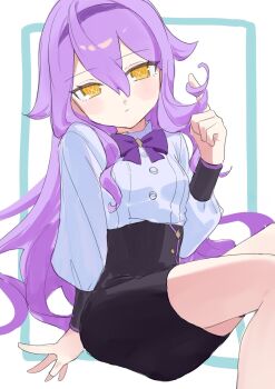 1girl black_skirt blue_background bow breasts closed_mouth commentary_request commission feet_out_of_frame hair_between_eyes hand_up head_tilt highres honkai_(series) honkai_impact_3rd long_sleeves looking_at_viewer orange_eyes pencil_skirt puffy_long_sleeves puffy_sleeves purple_bow purple_hair roena shirt sirin sirin_(magic_academy_uniform) sitting skirt small_breasts solo twirling_hair two-tone_background white_background white_shirt