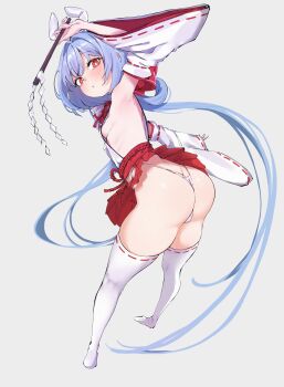 1girl arm_above_head armpits ass back blue_hair blush breasts brown_dust_(series) brown_dust_2 detached_sleeves full_body granadair_(brown_dust) granadair_(shrine_maiden_of_purification)_(brown_dust) hair_ornament high-waist_skirt japanese_clothes loli long_hair looking_at_viewer looking_back miko red_eyes red_skirt ribs rnekon215 sideboob simple_background skindentation skirt small_breasts solo thighhighs thighs thong wedgie white_thighhighs