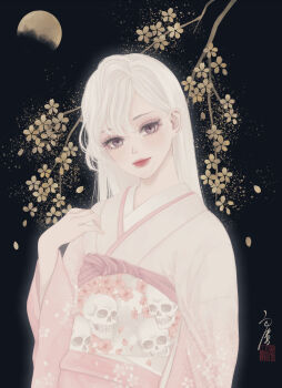 1girl absurdres black_background brown_eyes cherry_blossoms closed_mouth floral_print flower full_moon hand_up head_tilt highres japanese_clothes kimono light_smile lips long_hair long_sleeves looking_at_viewer moon night obi obiage original petals pink_kimono print_kimono print_sash red_lips sash seal_impression signature skull skull_print solo upper_body ushiyama_ame white_hair white_kimono wide_sleeves
