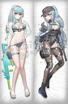 1girl assault_rifle bikini bikini_bottom_pull black_bikini black_gloves blush breasts cheogtanbyeong commission cross-laced_bikini cross-laced_clothes dakimakura_(medium) fingerless_gloves girls&#039;_frontline girls&#039;_frontline_2:_exilium gloves green_eyes grey_hair gun h&amp;k_hk416 handgun highres hk416_(girls&#039;_frontline) klukai_(astral_luminous)_(girls&#039;_frontline_2) klukai_(cerulean_breaker)_(girls&#039;_frontline_2) klukai_(girls&#039;_frontline_2) large_breasts leotard long_hair looking_at_viewer navel official_alternate_costume pantyhose ponytail rifle sandals smile solo swimsuit tattoo teardrop_facial_mark teardrop_tattoo thigh_strap visor_cap weapon