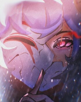 1girl close-up commentary cracked_kawaii_mask cracked_mask eye_trail film_grain finger_to_mouth glowing glowing_eye highres kindred_(league_of_legends) lamb_(league_of_legends) league_of_legends light_trail looking_at_viewer portrait purple_hair red_eyes shushing solo spirit_blossom_(league_of_legends) spirit_blossom_kindred white_mask yanwen_sesame_xuchen