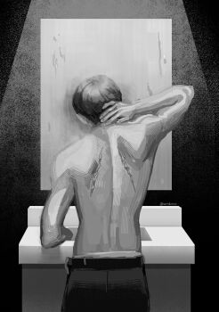 1boy belt cowboy_shot elbow_rest from_behind greyscale hand_on_own_neck head_tilt highres kim_dokja male_focus male_underwear mirror monochrome muscular muscular_male no_shirt omniscient_reader&#039;s_viewpoint pants scar scar_on_back short_hair sink solo spotlight standing umbrvx underwear