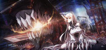 10s 1girl abyssal_ship bae.c boyogo breasts claws colored_skin female_focus horns kantai_collection large_breasts long_hair open_mouth orange_eyes saliva seaport_princess sharp_nails single_horn sitting solo teeth wariza white_hair white_skin