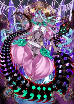 1girl aqua_hair arm_tattoo bare_shoulders bone bra bracelet breasts choker cleavage colored_eyelashes colored_skin crossed_bangs crotchless crotchless_pants curvy detached_sleeves earrings fate/grand_order fate_(series) fingernails floating floating_hair full_body game_cg green_nails hair_between_eyes hand_up honjou_raita horns huge_weapon ibuki_douji_(fate) ibuki_douji_(third_ascension)_(fate) impossible_clothes jewelry large_breasts leg_tattoo linea_alba long_fingernails long_hair long_pointy_ears long_toenails looking_at_viewer magatama monster multicolored_hair multiple_bracelets narrow_waist navel official_art outstretched_hand panties pants parted_lips pink_hair pink_horns pink_sleeves pointy_ears puffy_detached_sleeves puffy_pants puffy_short_sleeves puffy_sleeves purple_skin rope see-through_clothes see-through_pants shide short_sleeves skeleton_snake solo stomach_tattoo strapless strapless_bra sword tail tattoo third-party_source toenails toes two-tone_hair underwear variant_set very_long_hair weapon white_bra white_panties