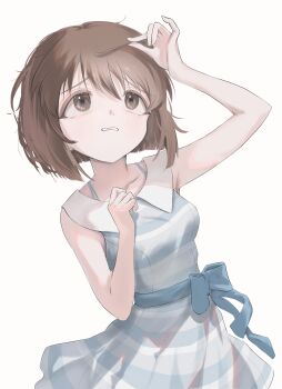 1girl absurdres arm_up blue_bow blue_dress bow breasts brown_eyes brown_hair dress dress_bow fingernails hagiwara_yukiho highres holding holding_own_hair idolmaster idolmaster_(classic) idolmaster_million_live! idolmaster_million_live!_theater_days looking_up short_hair shy_765 simple_background sleeveless sleeveless_dress solo striped_clothes striped_dress upper_body white_background