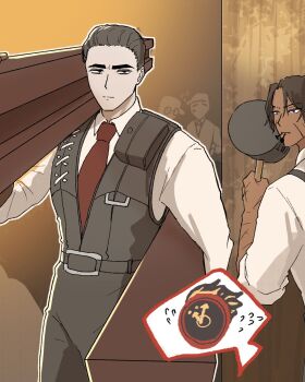 2boys 3others arachnidlegs belt black_hair black_pants black_vest brown_hair clock collared_shirt commentary dante_(limbus_company) dark-skinned_male dark_skin english_commentary fire hammer heathcliff_(project_moon) highres holding holding_hammer limbus_company meursault_(project_moon) multiple_boys multiple_others nail_(hardware) necktie object_head pants project_moon red_necktie shirt short_hair speech_bubble steel_beam sweatdrop vest white_shirt