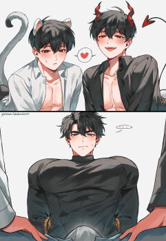 3boys :p absurdres animal_ears arm_behind_back black_eyes black_hair black_shirt bulge clone_harem collared_shirt commentary demon drooling erection erection_under_clothes furry furry_male hair_between_eyes hand_on_another's_leg heart highres kim_dokja looking_at_viewer mouse_boy mouse_ears mouse_tail multiple_boys official_alternate_costume omniscient_reader's_viewpoint open_clothes open_shirt papercider pectorals red_eyes shared_speech_bubble shirt short_hair smirk speech_bubble spoken_heart symbol-only_commentary tail tight_clothes tight_shirt toned toned_male tongue tongue_out white_shirt yoo_joonghyuk