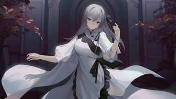 1girl black_dress black_ribbon blue_hair bracelet commentary_request dress grey_hair hair_ribbon highres jewelry leaf long_hair looking_at_viewer mandarin_collar multicolored_dress original puffy_short_sleeves puffy_sleeves ribbon seelean short_sleeves solo tree two-tone_dress white_dress white_sleeves