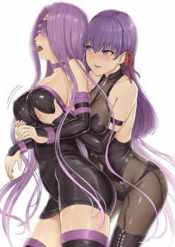 Rule 34 | 2girls, bare shoulders, black dress, black panties, black thighhighs, blindfold, breasts, cleavage, collar, colored blindfold, commentary request, covered erect nipples, covered eyes, covered navel, dress, facial mark, fate/stay night, fate (series), forehead, forehead mark, grabbing another's breast, groping, hair ribbon, hakaba (dairiseki), highres, large breasts, long hair, matou sakura, matou sakura (deen s&amp;m), medusa (fate), medusa (rider) (fate), multiple girls, open mouth, panties, parted bangs, purple collar, purple eyes, purple hair, red ribbon, ribbon, sidelocks, smile, strapless, strapless dress, thighhighs, underwear, very long hair, yuri