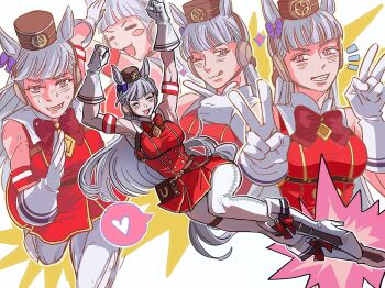 Rule 34 | 1girl, ammi (mayflyaa), animal ears, blunt ends, boots, breasts, brown hat, closed eyes, dress, gloves, gold ship (red strife) (umamusume), gold ship (umamusume), hat, highres, horse ears, horse girl, horse tail, long hair, looking at viewer, muscular, muscular female, pants, pantyhose, red dress, red eyes, running, sleeveless, smile, solo, sweat, tail, tongue, tongue out, umamusume, v, white background, white gloves, white hair, white pants