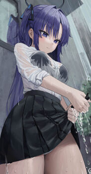 1girl absurdres black_halo black_skirt blue_archive bra_visible_through_clothes breasts closed_mouth commentary cowboy_shot damcheong dress_shirt from_below hair_ornament halo highres large_breasts light_blush long_hair looking_down mechanical_halo panties pleated_skirt purple_eyes purple_hair rain see-through_clothes see-through_shirt shirt shirt_tucked_in skirt sleeves_rolled_up solo standing triangle_hair_ornament two_side_up underwear very_long_hair wet wet_clothes wet_shirt wet_skirt white_panties white_shirt wringing_clothes wringing_skirt yuuka_(blue_archive)