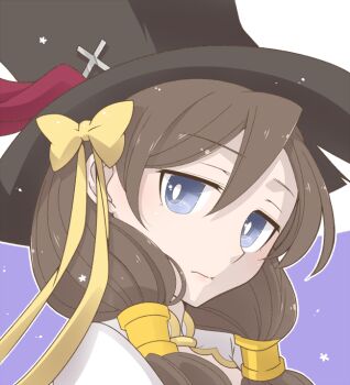 Rule 34 | 1girl, arch bishop (ragnarok online), black hat, blue eyes, bow, brown hair, closed mouth, commentary request, dress, expressionless, hair bow, hair tubes, hat, iyofika, long hair, looking at viewer, portrait, purple background, ragnarok online, solo, top hat, white background, white dress, yellow bow