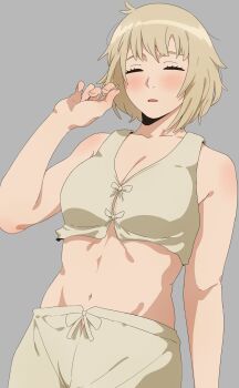 Rule 34 | 1girl, absurdres, ahoge, arm at side, armpits, blonde hair, blush, boxers, bra, breasts, clenched hand, closed eyes, collarbone, dungeon meshi, eyelashes, falin touden, falin touden (tallman), female focus, fingernails, grey background, hand up, highres, knew nothing, large breasts, male underwear, medium hair, messy hair, midriff, navel, neck, official underwear, open mouth, playing with own hair, sidelocks, simple background, sleepy, stomach, underwear, underwear only