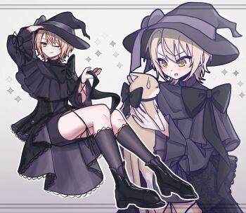 1girl alternate_costume animal arm_up black_boots black_dress black_hat black_ribbon black_socks blonde_hair boots cat dress frilled_dress frills full_body hand_up hasumi_leia hat highres holding holding_animal holding_cat invisible_chair long_sleeves looking_at_animal looking_at_viewer mahou_shoujo_no_majo_saiban multiple_views open_mouth ribbon short_hair sitting smile socks tanuki_(tanukiiiiiii) witch witch_hat yellow_eyes