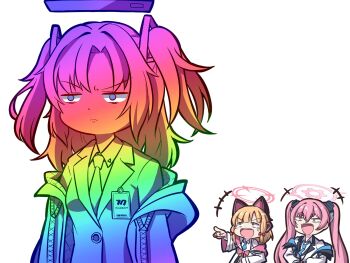 3girls :d alternate_color animal_ear_headphones animal_ears annoyed blazer blonde_hair blue_archive blue_necktie blunt_bangs bow cat_ear_headphones cat_ears check_commentary coat collared_shirt commentary commentary_request fake_animal_ears hair_between_eyes hair_bow hair_ornament hair_ribbon halo headphones highres id_card jacket koyuki_(blue_archive) laughing long_hair long_sleeves looking_at_another momoi_(blue_archive) multiple_girls necktie open_clothes open_coat open_mouth parted_bangs pink_eyes pink_hair pointing purple_eyes red_eyes rgb_lights ribbon school_uniform shirt short_hair sidelocks simple_background smile suspenders thick_eyebrows tress_ribbon triangle_hair_ornament twintails two_side_up v-shaped_eyebrows white_background white_coat white_jacket white_shirt yukimi_unagi yuuka_(blue_archive)