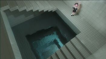 Rule 34 | 1girl, backrooms (creepypasta), beret, black hat, blue archive, commentary, dream pool, halo, hat, highres, indoors, koharu (blue archive), liminal space, medama soft, pink hair, pink halo, scenery, school uniform, solo, stairs, standing, tile floor, tile wall, tiles, variant set, water, wide shot