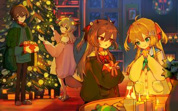 1boy 3girls absurdres ahoge animal_ears annytf black_cardigan black_hair black_horns black_pants black_shirt blue_eyes blue_sailor_collar book bookshelf bow bowtie brown_hair candle cardigan christmas_lights christmas_present christmas_tree christmas_wreath closed_mouth cookie dual_persona eating evil_neuro-sama food fox_ears fox_tail from_side gift green_bow green_bowtie green_eyes green_hoodie grey_hair hair_between_eyes hair_ornament hair_ribbon hashtag-only_commentary heart heart_hair_ornament highres holding holding_cookie holding_food holding_gift hood hoodie horns indie_virtual_youtuber indoors lava_lamp long_hair multiple_girls neuro-sama night nostyx_x pants pocket purple_eyes red_bow red_bowtie red_eyes red_ribbon ribbon sailor_collar shirt short_hair skull_hair_ornament slice_of_life slippers smile snowing standing stuffed_animal stuffed_toy tail vedal987 virtual_youtuber wide_shot wreath yellow_cardigan