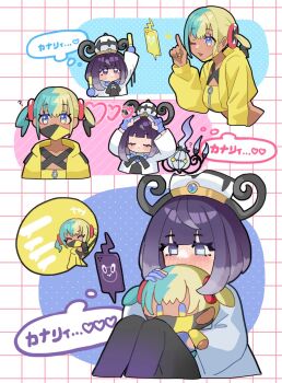 2girls aqua_hair bandeau black_dress black_hair black_mask blonde_hair blue_eyes blue_gloves blunt_bangs blush blush_stickers bob_cut breasts canari_(pokemon) canari_plush_(pokemon) chandelier chandelure character_doll closed_eyes closed_mouth coat colored_sclera criss-cross_straps dark-skinned_female dark_skin doll dress fire gen_4_pokemon gen_5_pokemon ghost gloves glowstick gradient_hair gwynn_(pokemon) hat heart highres holding holding_glowstick holding_stuffed_toy hugging_doll hugging_object jacket long_sleeves mask mask_pull mega_stone mouth_mask multicolored_hair multicolored_nails multiple_girls nintendo one_eye_closed open_clothes open_coat pantyhose partially_fingerless_gloves pokemon pokemon_(creature) pokemon_legends:_z-a purple_eyes purple_hair qi&#039;e_(penguin) rotom rotom_phone short_hair short_twintails split-color_hair sports_bra stuffed_animal stuffed_toy twintails two-tone_hair two-tone_mask two-tone_nails white_coat yellow_bandeau yellow_eyes yellow_jacket yellow_mask yellow_sclera yellow_sports_bra