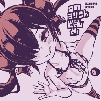 1girl ;q ahoge backbeako_(torotei) backbeard blush camisole collarbone commentary dated dutch_angle gegege_no_kitarou hair_over_one_eye hair_ribbon hand_up kono_lolicon_domome leg_lift long_hair looking_at_viewer micro_shorts midriff monochrome navel one_eye_closed original petite pink_background pink_theme pointy_ears ribbon shorts simple_background smile solo standing standing_on_one_leg striped_clothes striped_thighhighs thighhighs tongue tongue_out torotei translated twintails waving