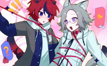 ! !! !!_(lingyou31355) 2boys absurdres animal_ear_fluff animal_ears aotsuki_eito black_gloves black_hair blue_eyes blue_jacket blush bone chinese_commentary collar commentary_request dog_boy dog_ears dog_tail drawstring eyelashes fang glasses gloves grey_hair grey_jacket heart highres holding holding_another's_tail holding_leash hood hood_down hoodie jacket jacket_over_hoodie kemonomimi_mode leash long_sleeves male_focus multicolored_hair multicolored_jacket multiple_boys open_clothes open_jacket open_mouth pocket purple_eyes red_collar red_hair short_hair smile sparkle speech_bubble spoilers spoken_heart streaked_hair sumino_takumi sweat tail the_hundred_line_-last_defense_academy- tomato two-tone_hair two-tone_jacket variant_set white_hoodie white_jacket yaoi zipper_pull_tab