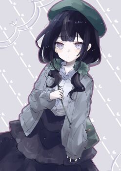 1girl aida_dyon beret black_hair black_skirt blunt_bangs book_off cardigan closed_mouth cowboy_shot green_bag green_cardigan green_hat green_scrunchie grey_background grey_eyes hat highres kurobe_nanoka long_hair looking_at_viewer low_twintails mahou_shoujo_no_majo_saiban official_alternate_costume scrunchie shirt skirt solo standing twintails white_shirt