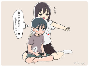 Rule 34 | 1boy, 1girl, age difference, barefoot, black hair, blush, brother and sister, brown background, brown shirt, brown skirt, commentary request, controller, game controller, ganaishoten, green shorts, grey background, heart, holding, holding controller, holding game controller, original, pointing, shirt, short hair, shorts, siblings, simple background, sitting, skirt, socks, speech bubble, t-shirt, teenage girl and younger boy, thought bubble, translated, white shirt