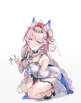 1girl absurdres ahoge animal_ear_fluff animal_ears armpit_crease bare_shoulders black_shoes blue_hair blush breasts cat_ears closed_mouth colored_inner_hair commentary_request denia_(wuthering_waves) dress hair_intakes hair_ornament highres kemonomimi_mode long_hair looking_at_viewer medium_breasts mltsora multicolored_hair nose_blush partial_commentary pink_hair purple_eyes shoes simple_background solo squatting white_background white_dress wuthering_waves