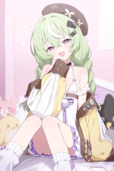 1girl beret blurry blurry_background braid chemise commentary_request crossed_bangs deyui frilled_chemise hair_between_eyes hair_ornament hairclip hand_up hat highres indoors jacket knees_together_feet_apart knees_up long_hair looking_at_viewer low_twin_braids multicolored_hair nazuna_(stella_sora) off_shoulder open_mouth purple_eyes sitting sleeves_past_wrists smile socks solo stella_sora streaked_hair teeth tilted_headwear twin_braids upper_teeth_only white_chemise white_hair white_socks yellow_jacket