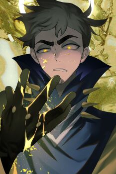 Rule 34 | 1boy, adam (hazbin hotel), beard, black gloves, blood, blood on hands, blood splatter, brown hair, commentary request, facial hair, furrowed brow, gloves, glowing, glowing eyes, glowing halo, grimace, halo, hazbin hotel, hellaverse, highres, long sleeves, looking at hand, male focus, sameyama jiro, short hair, solo, yellow blood, yellow eyes