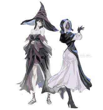 2girls absurdres bare_shoulders black_capelet black_dress black_gloves black_hair black_skin boots breasts capelet cleavage coif colored_eyelashes colored_skin cosplay costume_switch dress elden_ring elden_ring_nightreign from_behind gladiator_sandals gloves hair_between_eyes hat hat_over_one_eye high_heel_boots high_heels highres large_hat long_hair looking_back multiple_girls nun pale_skin purple_hat purple_sleeves recluse_(elden_ring) red_eyes sandals standing standing_on_one_leg tristanbrardart twitter_username undertaker_(elden_ring) white_background white_coif white_eyelashes witch witch_hat