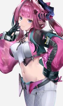 Rule 34 | 1girl, absurdres, arknights, arknights: endfield, bare shoulders, blue eyes, commentary request, crop top, detached sleeves, dragon girl, dragon horns, dragon tail, drill hair, eugle na, gloves, hair intakes, highres, horns, long hair, looking at viewer, multicolored gloves, pants, pink hair, pointy ears, simple background, slit pupils, solo, tail, tight clothes, tight pants, twin drills, two-tone gloves, white background, white pants, yvonne (arknights)