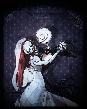 1boy 1girl dancing darkjack618 formal_clothes jack_skellington jacket long_hair long_sleeves patchwork_skin pinstripe_pattern pinstripe_suit sally_(nbc) skeleton smile stitched_face stitches striped_clothes suit the_nightmare_before_christmas
