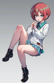 1girl amate_yuzuriha aqua_shirt aqua_skirt bare_legs black_shoes blush collared_shirt commentary_request full_body gradient_background green_eyes grey_background grey_socks gundam gundam_gquuuuuux highres huo_ji_wu legs long_sleeves miniskirt necktie oekaki open_mouth pleated_skirt red_hair red_necktie school_uniform shirt shoes short_hair skirt socks solo sweater white_sweater wing_collar