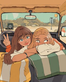 2girls blonde_hair blue_eyes blue_sky brown_hair car_interior day highres long_hair looking_at_viewer looking_to_the_side multiple_girls original sara_faber shirt sky v white_shirt