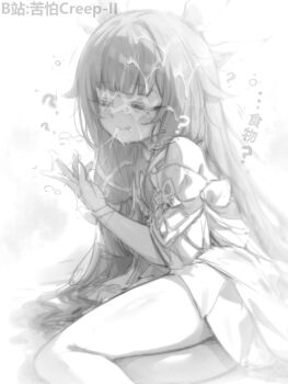 1girl ? bilibili_username closed_eyes closed_mouth columbina_(genshin_impact) cum cum_on_body cum_on_hair cum_on_hands facial genshin_impact greyscale highres kupa_(jesterwii) long_hair monochrome solo translation_request
