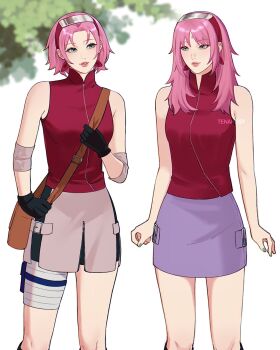 2girls artist_name bag bandaged_leg bandages bike_shorts bike_shorts_under_skirt black_gloves black_shorts branch brown_bag choppy_bangs clone closed_mouth commentary cowboy_shot elbow_sleeve english_commentary eyelashes facial_mark forehead_mark gloves green_eyes green_nails haruno_sakura headband highres konohagakure_symbol light_smile long_hair looking_at_another mandarin_collar multiple_girls naruto_(series) naruto_shippuuden parted_bangs parted_lips pink_hair pink_skirt purple_skirt red_headband red_shirt shirt short_hair shorts shoulder_bag skirt sleeveless sleeveless_shirt standing teeth tenartistt watermark white_background zipper zipper_skirt